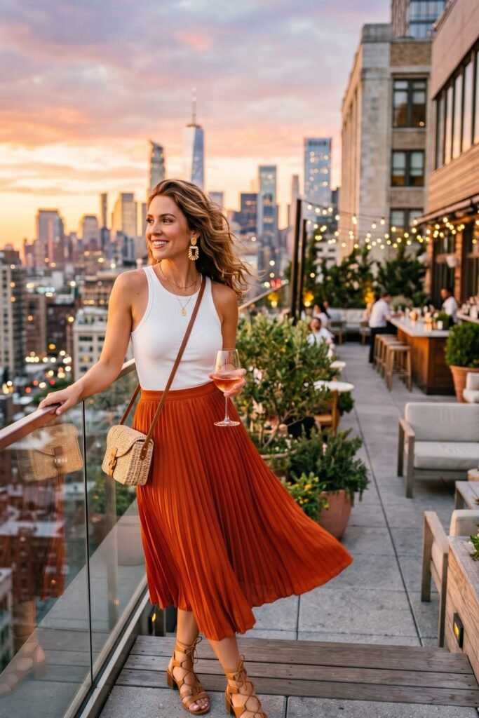 White Tank Top + Burnt Orange Pleated Midi Skirt + Brown Lace Up Sandals