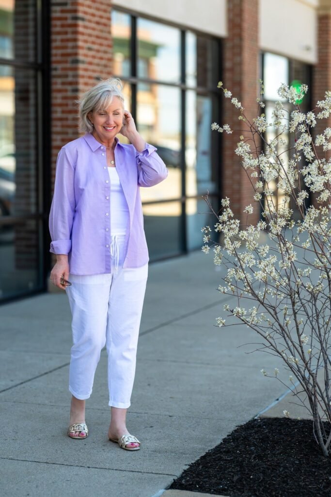 White Tank Top + Lavender Button Down Shirt + White Cropped Linen Trousers + Gold Slide Sandals