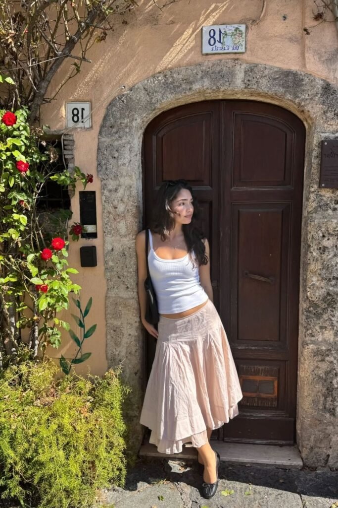White Tank Top + Pale Pink Midi Skirt + Black Ballet Flats
