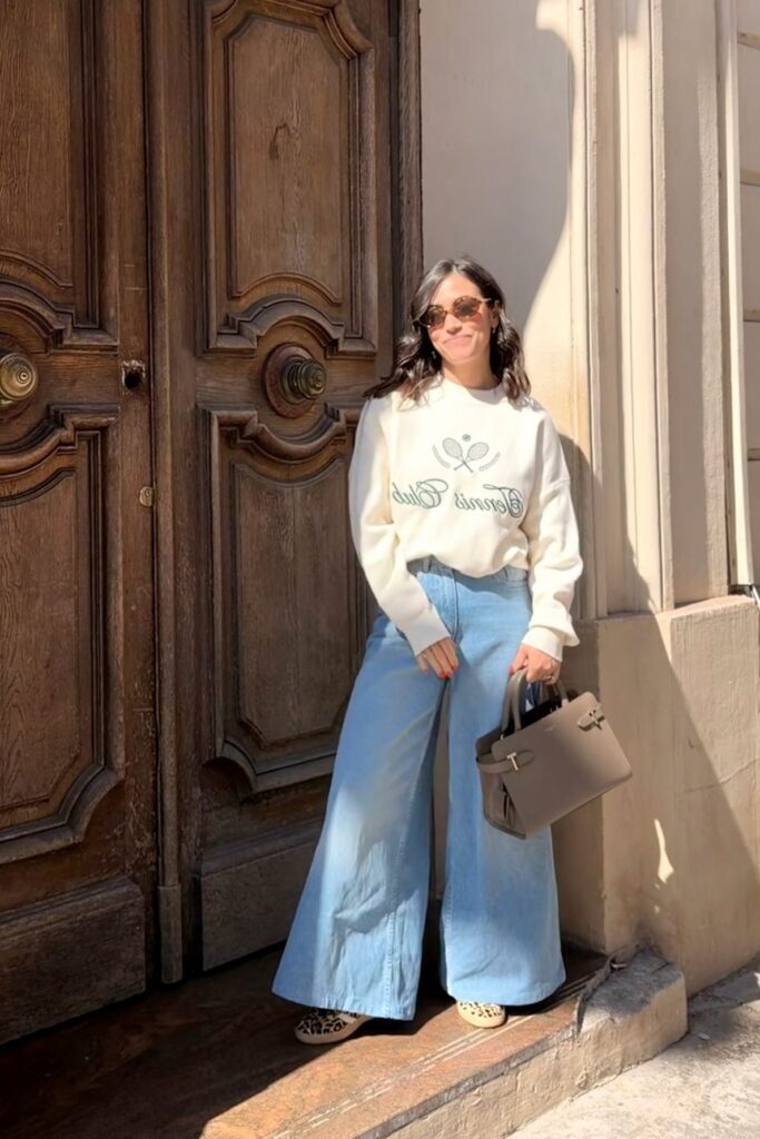 White Tennis Club Sweatshirt + Light Blue Wide Leg Jeans + Leopard Print Mules