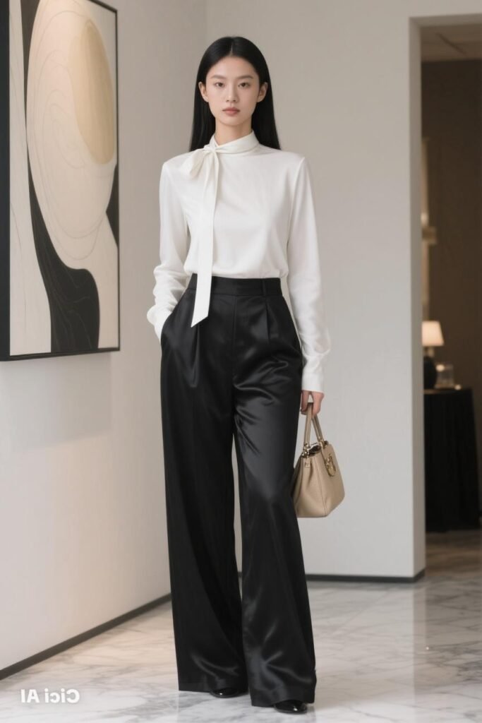 White Tie Neck Silk Blouse + Black Satin Wide Leg Trousers + Black Pointed Toe Shoes