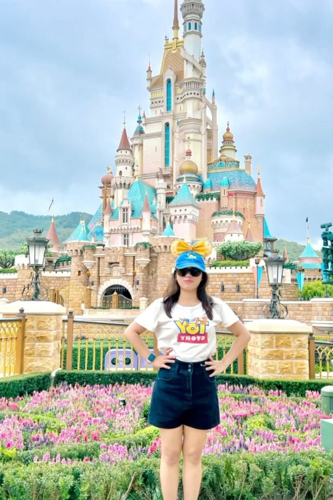 White Toy Story Graphic T Shirt + Black Denim Shorts + Blue Baseball Cap + Yellow Bow Ears + White Sneakers