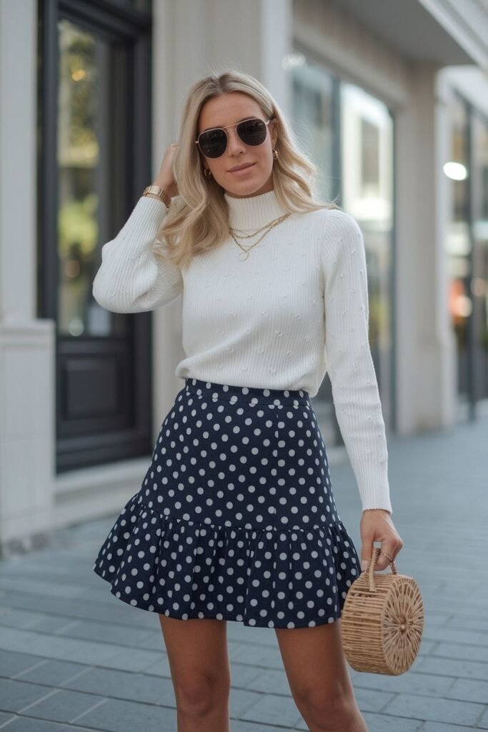 White Turtleneck Sweater + Navy Polka Dot Ruffle Skirt + Woven Straw Bag