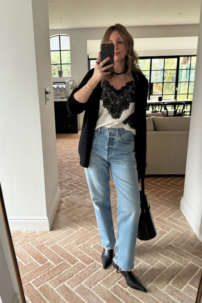 White V Neck Lace Cami + Oversized Black Cardigan + Light Blue Jeans + Pointed Black Boots
