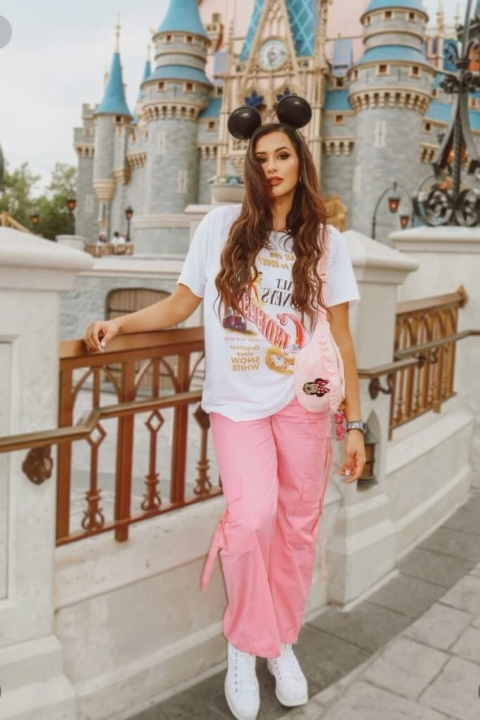White Vintage Disney Graphic T Shirt + Pink Cargo Pants + White High Top Sneakers