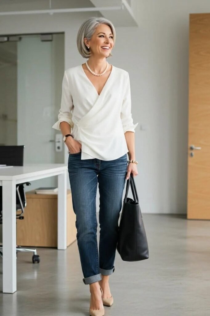 White Wrap Blouse + Dark Blue Cuffed Jeans + Nude Heels