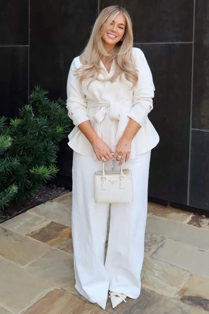 White Wrap Peplum Blazer + White Wide Leg Trousers + White Pointed Toe Heels