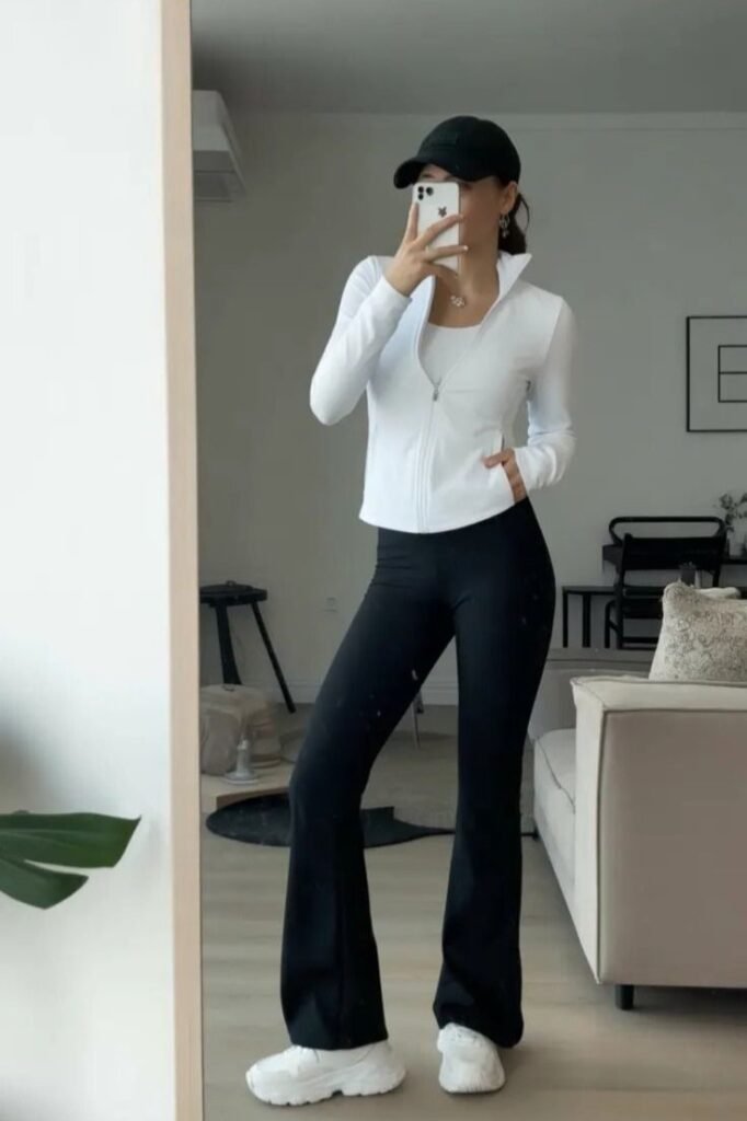 White Zip Up Jacket + Black Flared Leggings + White Sneakers