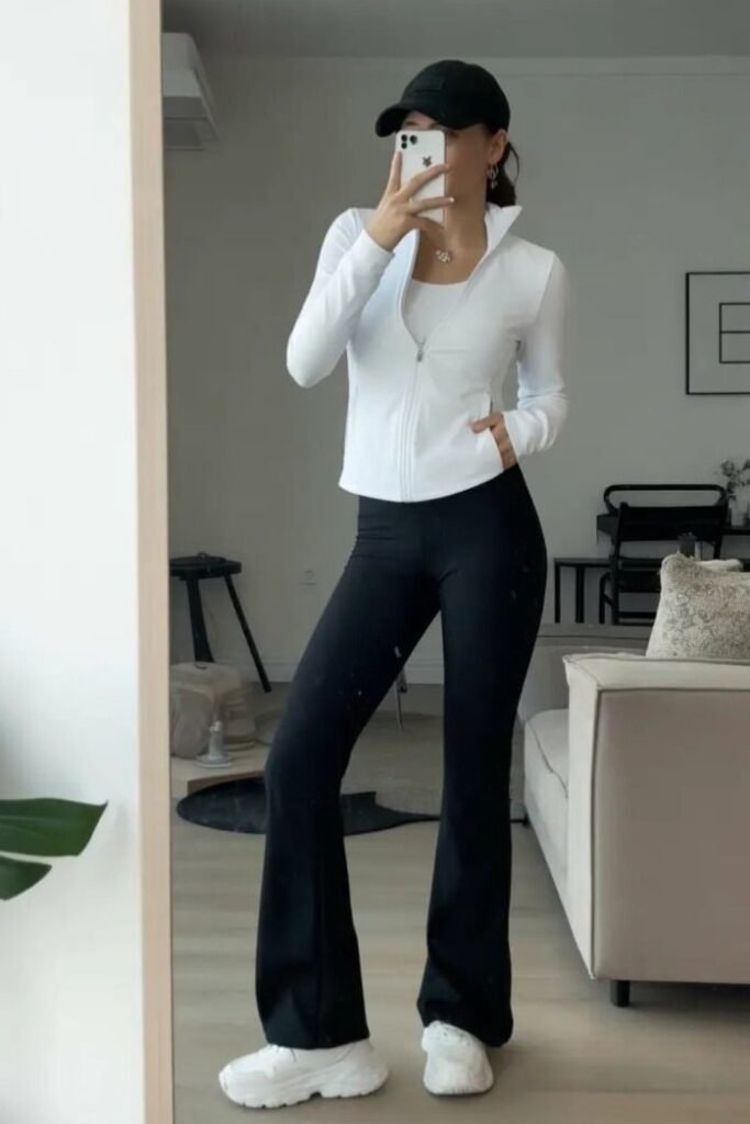 White Zip Up Jacket + White Tank Top + Black Flared Leggings + White Sneakers