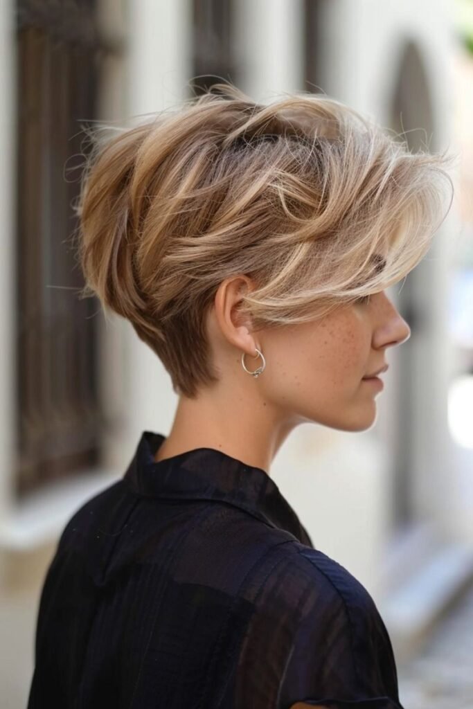 Wind-Swept Honey Blonde Pixie with Undercut Detail