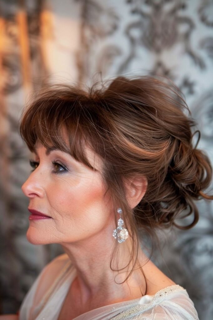 Wispy Messy Updo with Full Frontal Bangs