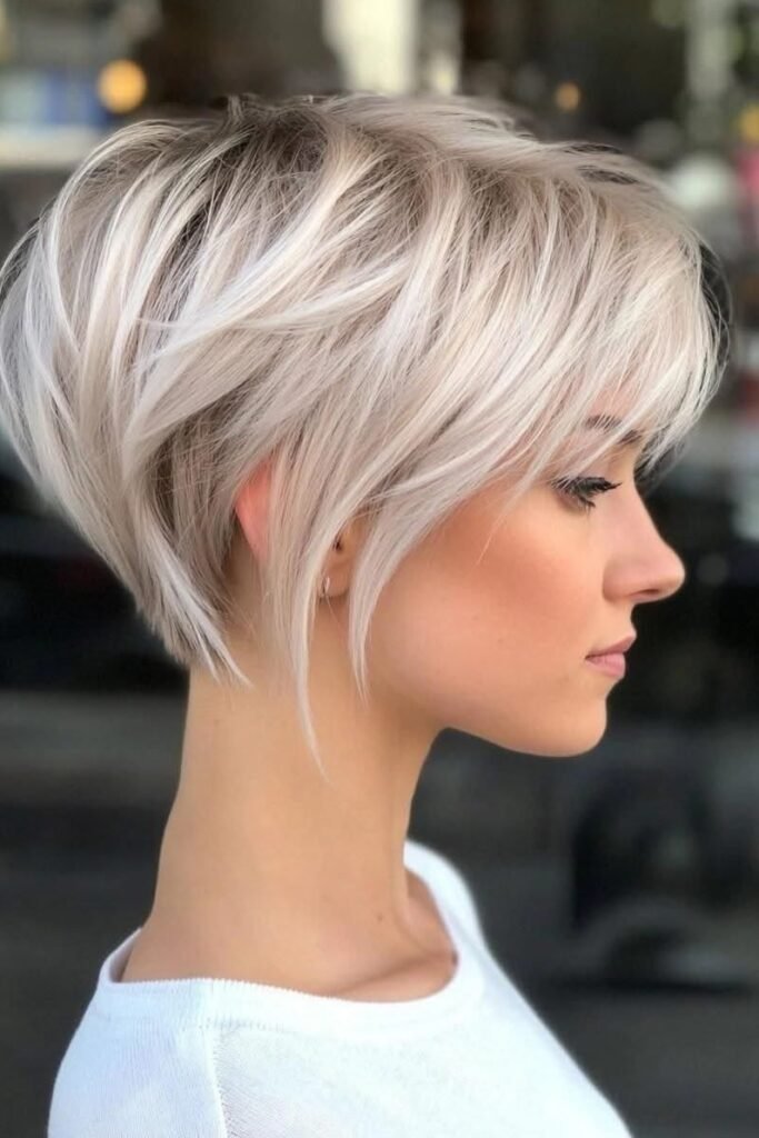84. Wispy Platinum Blonde Layered Pixie