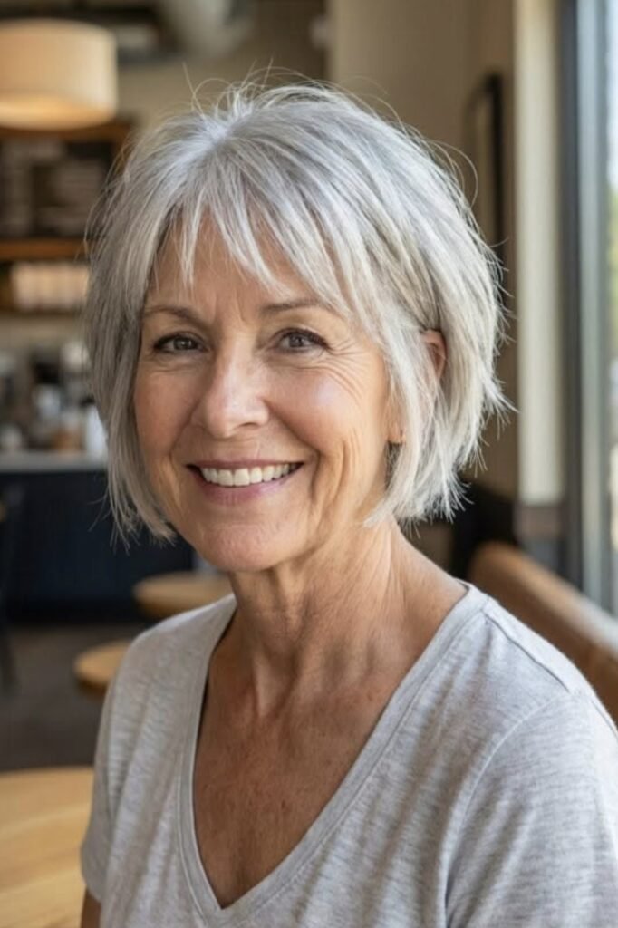 Wispy Silver Bob with Feathered Fringe