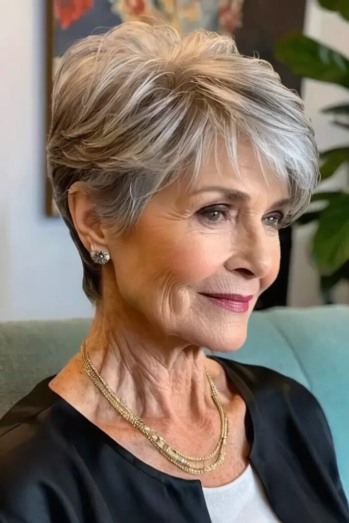 Wispy Silver Pixie with Soft Face-Framing Fringe