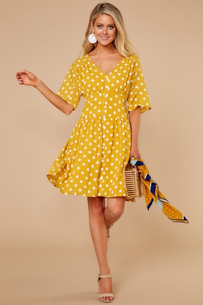 Yellow Button-Down Mini Polka Dot Dress + Beige Strappy Sandals + Wooden Cage Bag