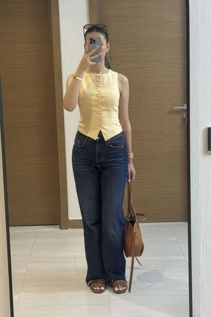 Yellow Button Up Vest + Dark Wash Wide Leg Jeans + Brown Leather Sandals