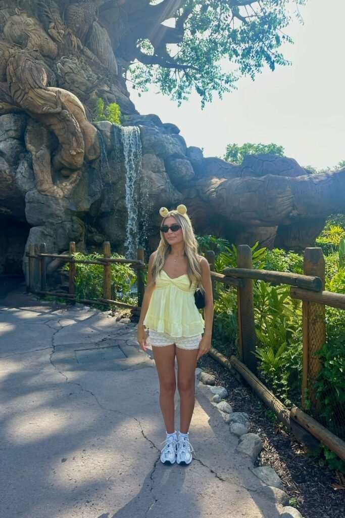 Yellow Camisole Top + White Lace Shorts + White Chunky Sneakers