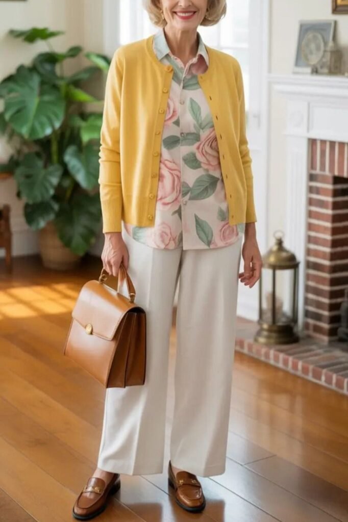 Yellow Cardigan + Floral Blouse + White Wide-Leg Trousers + Brown Loafers