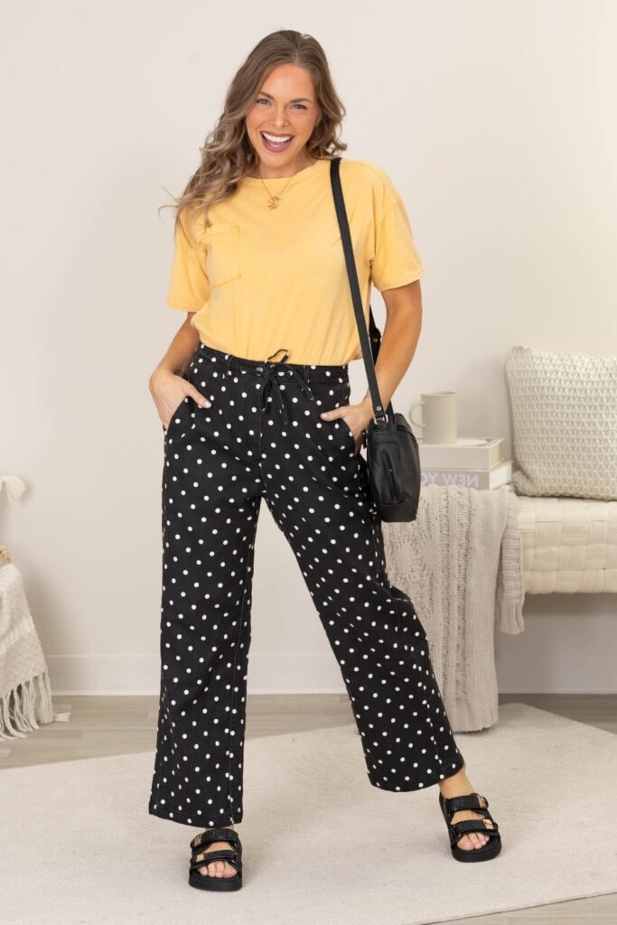 Yellow Crew Neck T Shirt + Black High Waisted Polka Dot Pants + Black Buckled Sport Sandals