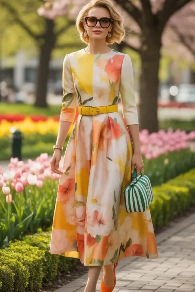 Yellow Floral Midi Dress + Yellow Belt + Striped Handbag