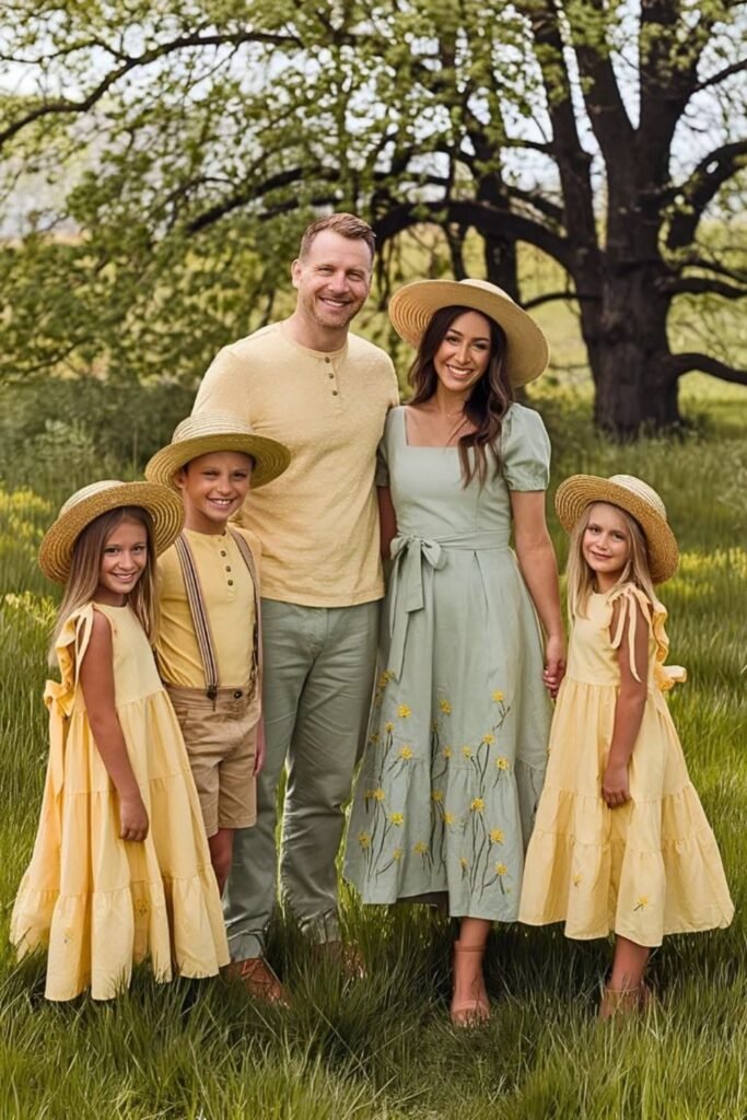 Yellow Henley & Trousers + Green Floral Maxi Dress + Yellow Dress