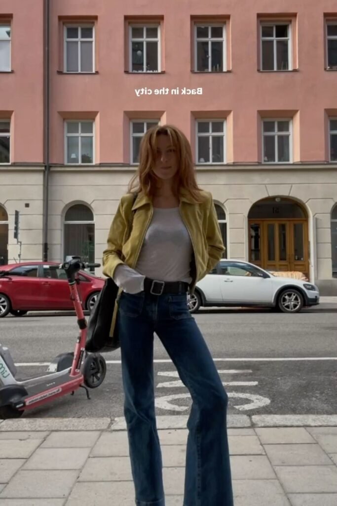 Yellow Jacket + White Long Sleeve Top + Blue Flared Jeans + Black Belt