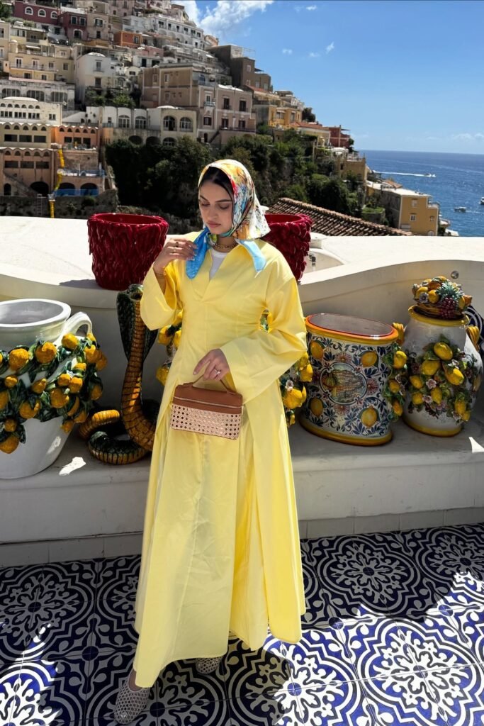 Yellow Maxi Dress + Colorful Silk Headscarf + Small Woven Top Handle Bag + Grey Mesh Flat Shoes