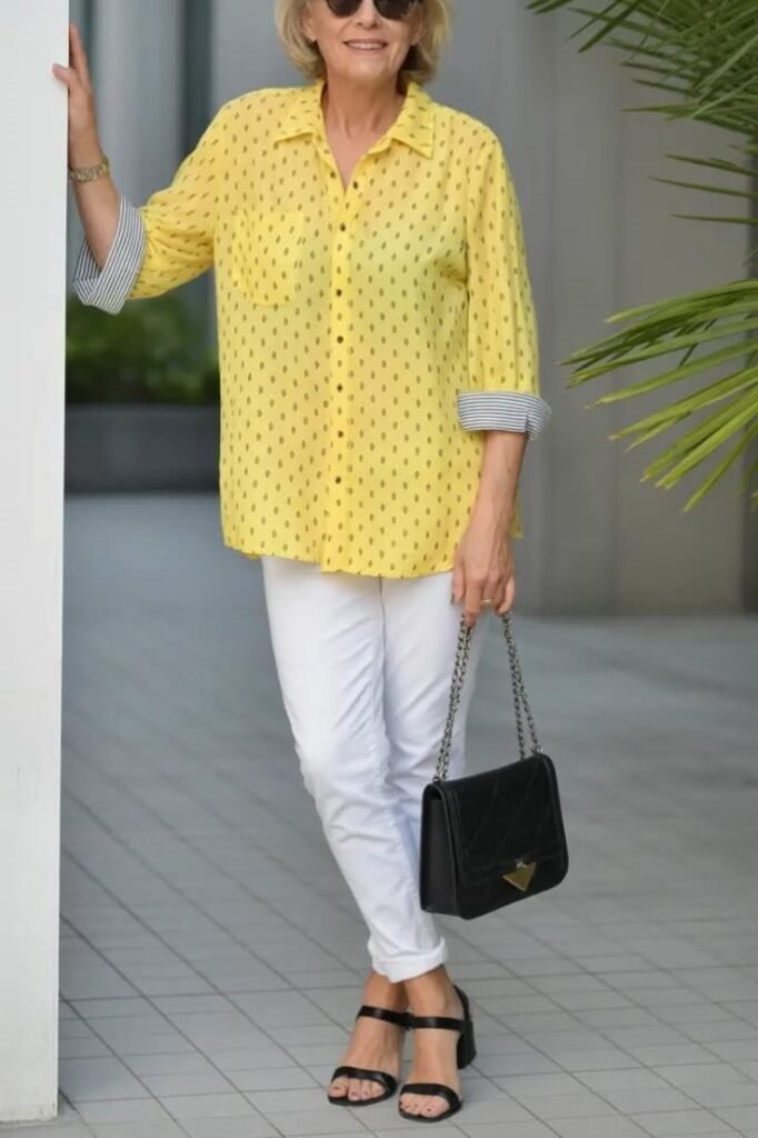 Yellow Patterned Button-Down Shirt + White Skinny Jeans + Black Chain Handbag + Black Heeled Sandals