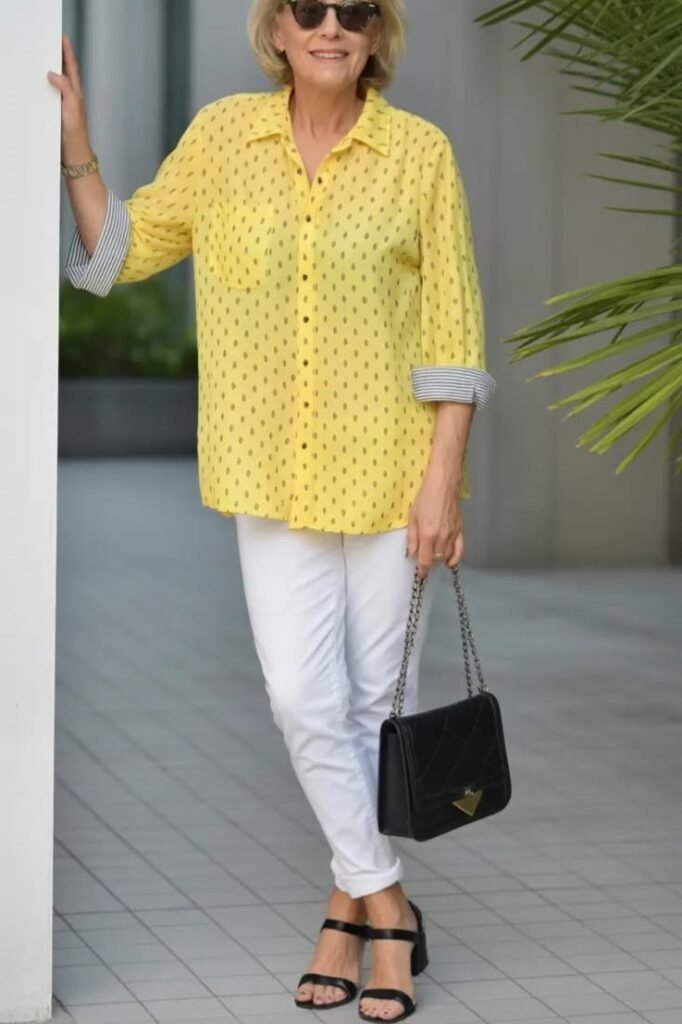 Yellow Patterned Button-Down + White Slim-Fit Jeans + Black Block-Heel Sandals