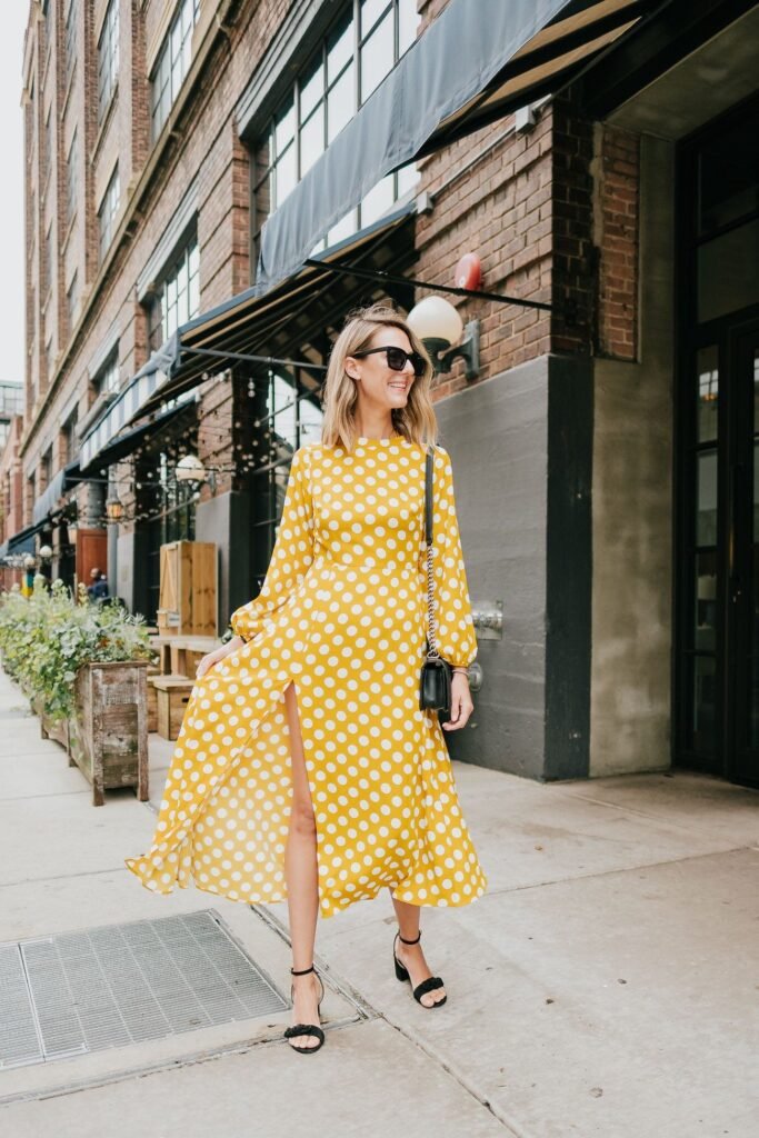 Yellow Polka Dot Maxi Dress + Black Sunglasses + Black Strappy Heels
