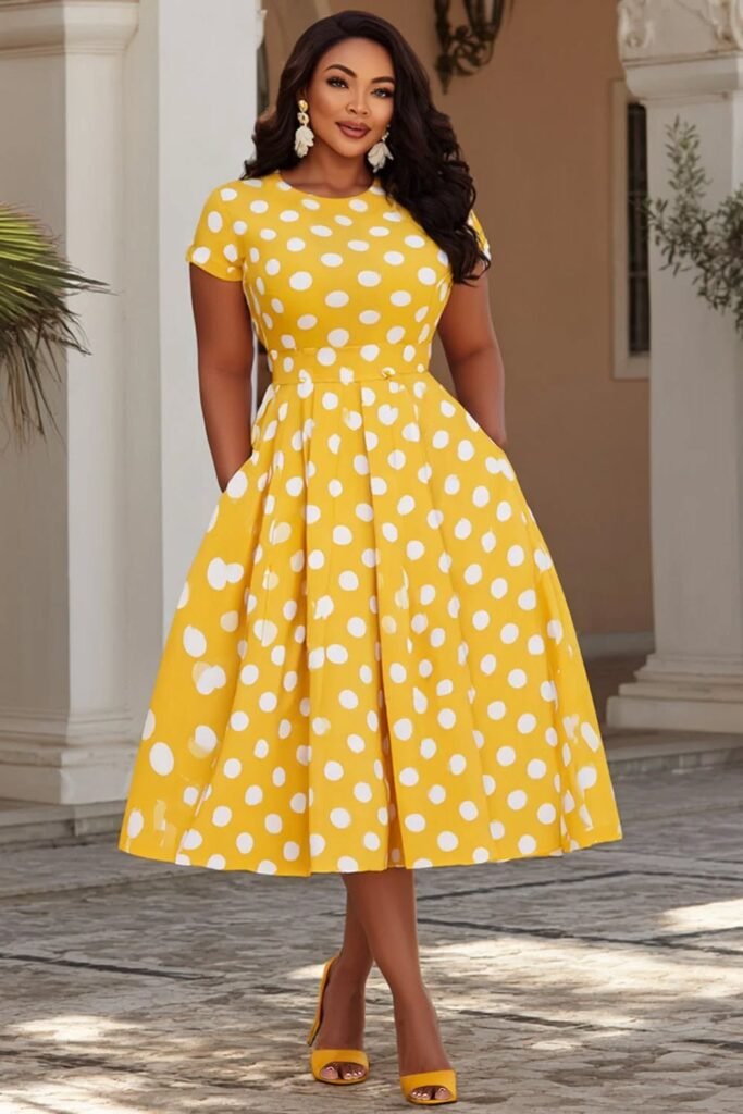 Yellow Polka Dot Midi Dress + White Floral Earrings + Yellow Open-Toe Heels