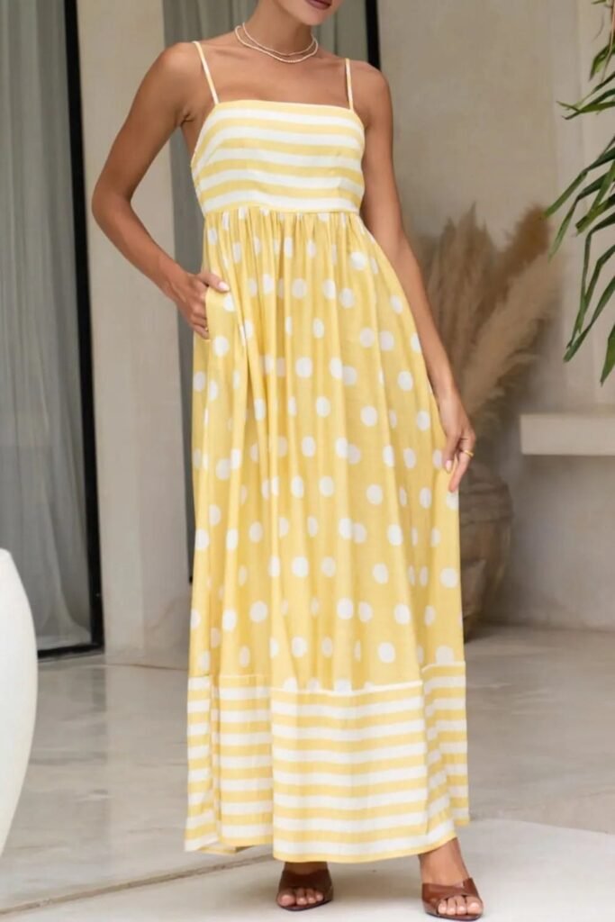 Yellow Polka Dot and Striped Maxi Dress + Gold Layered Necklaces + Brown Slides