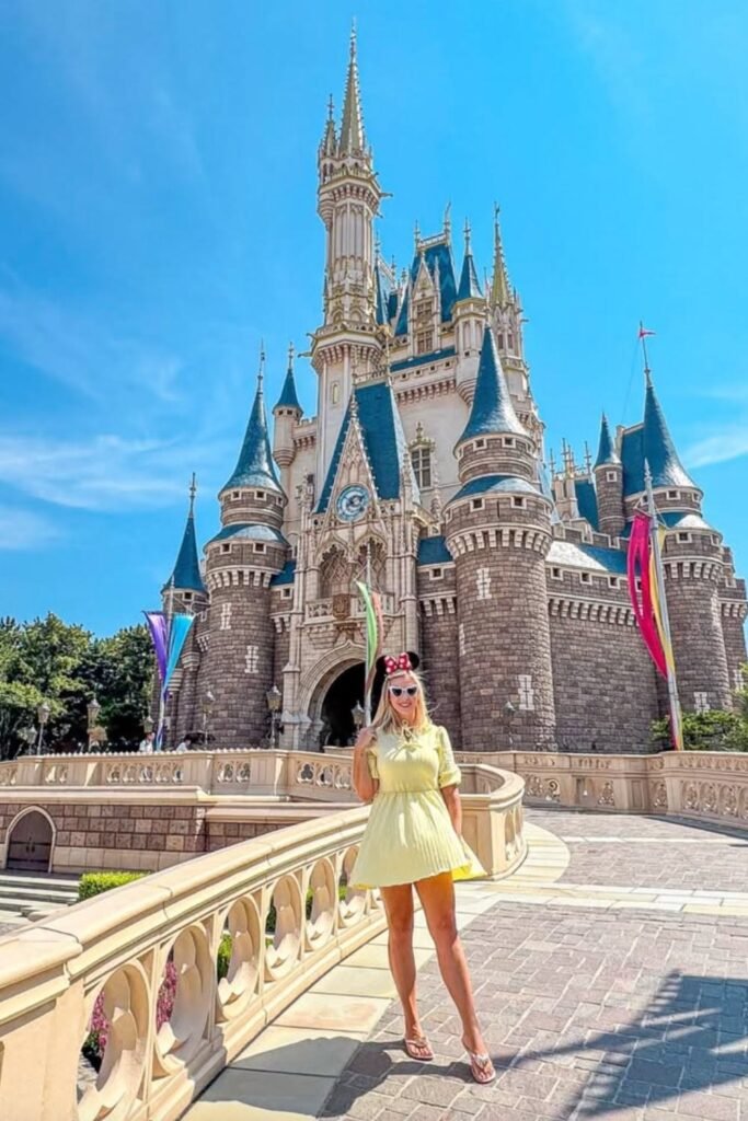 Yellow Puff Sleeve Mini Dress + Silver Flip Flops + White Heart Shaped Sunglasses + Minnie Mouse Ear Headband