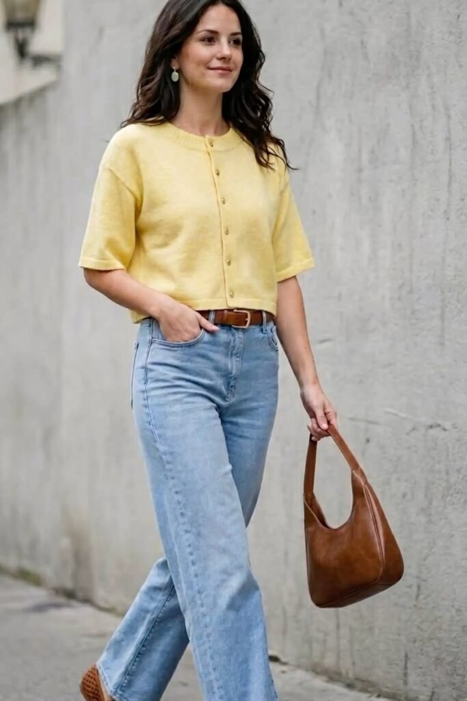 Yellow Short-Sleeve Cardigan + Light Wash Wide-Leg Jeans + Brown Leather Bag