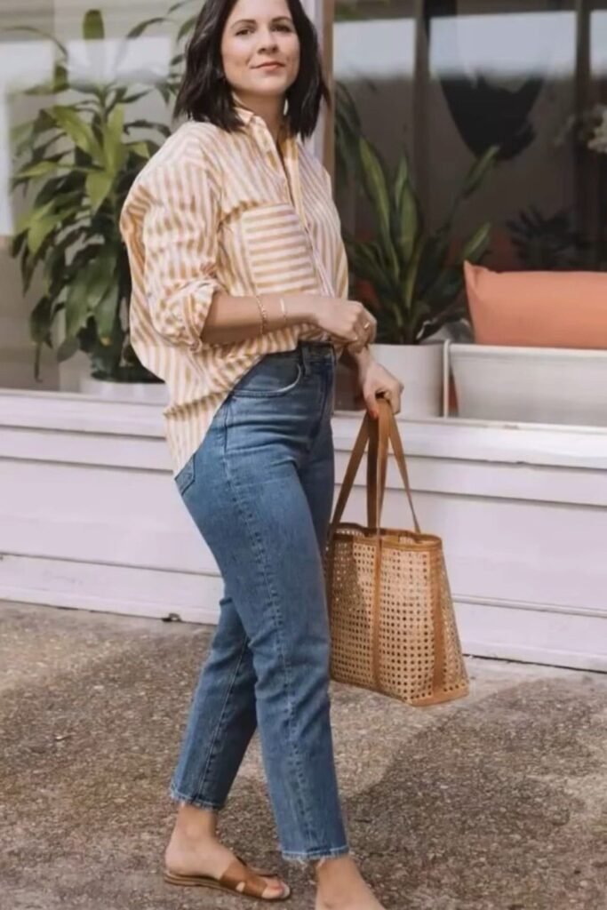 Yellow Striped Button-Down + Medium Wash Straight Jeans + Tan Slides