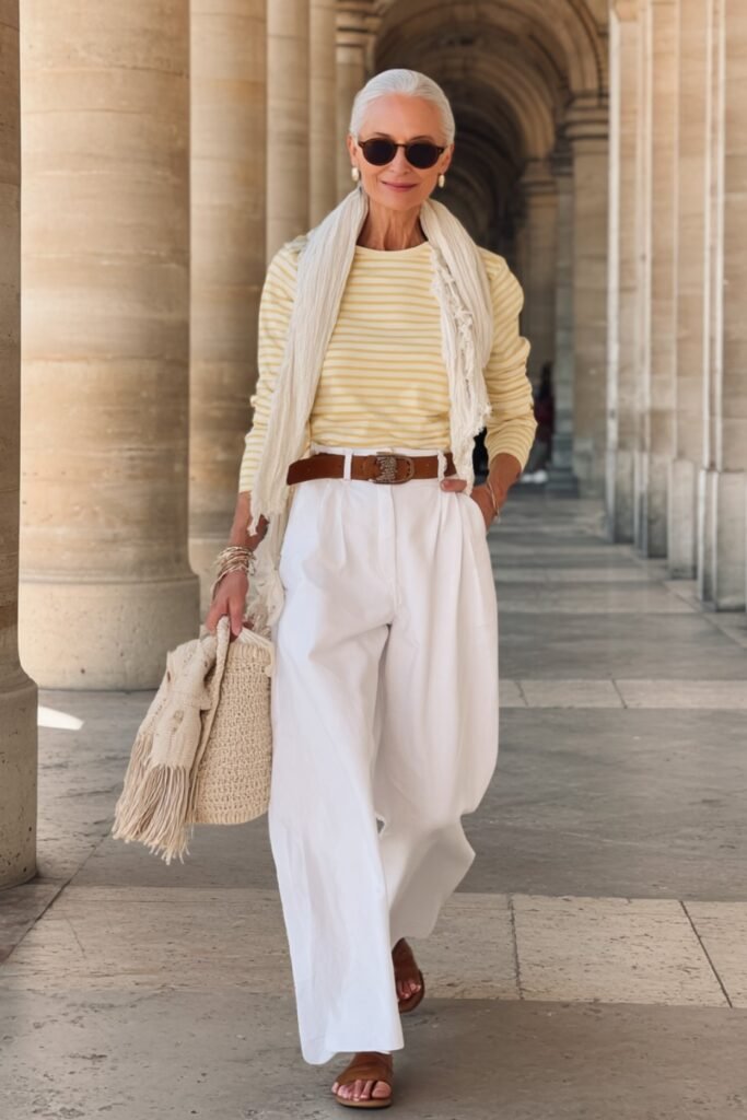 Yellow Striped Long-Sleeve Tee + White Wide-Leg Trousers + Brown Leather Sandals