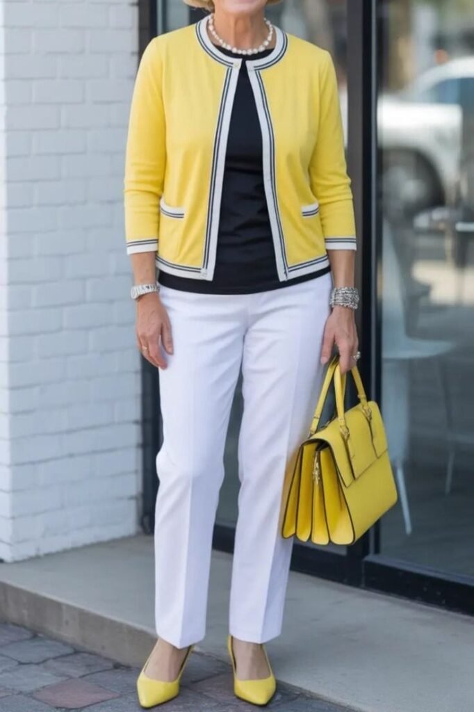 Yellow Trimmed Cardigan + Black Top + White Tailored Trousers + Yellow Heels