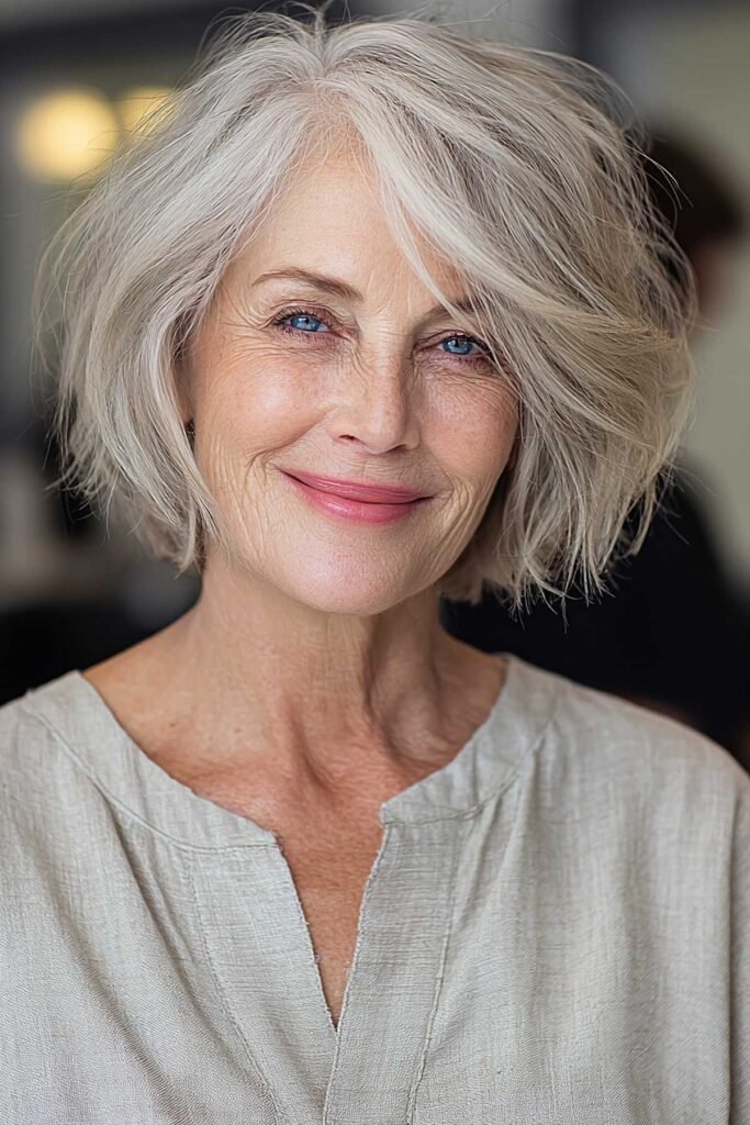 Airy Silver Bob with Side Swept Layers