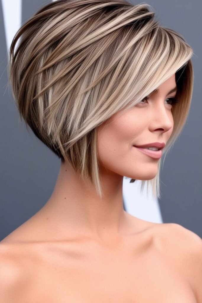Angled Layered Bob with Blonde Highlights