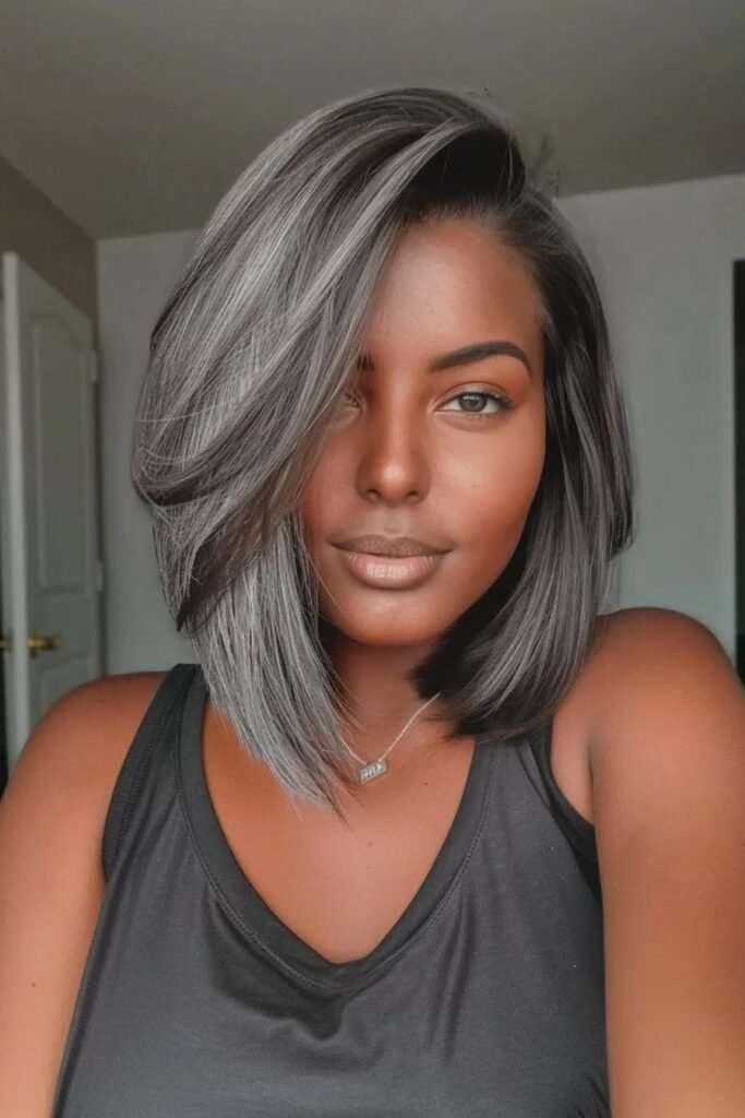 Asymmetrical Silver Bob with Side-Swept Bangs