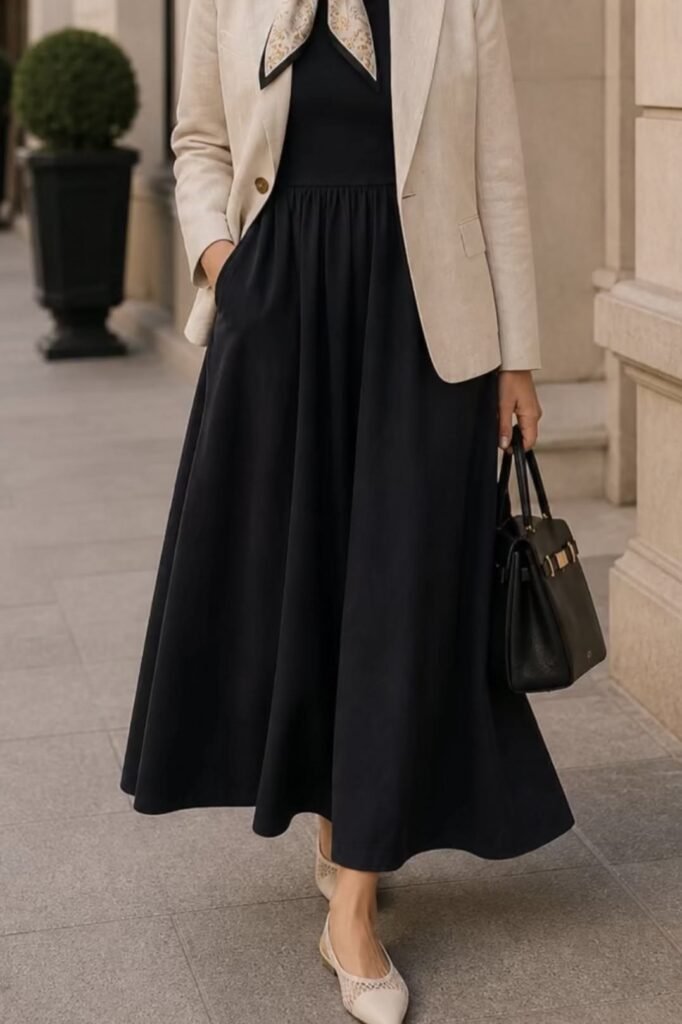 Beige Blazer + Black Maxi Dress + Beige Flats