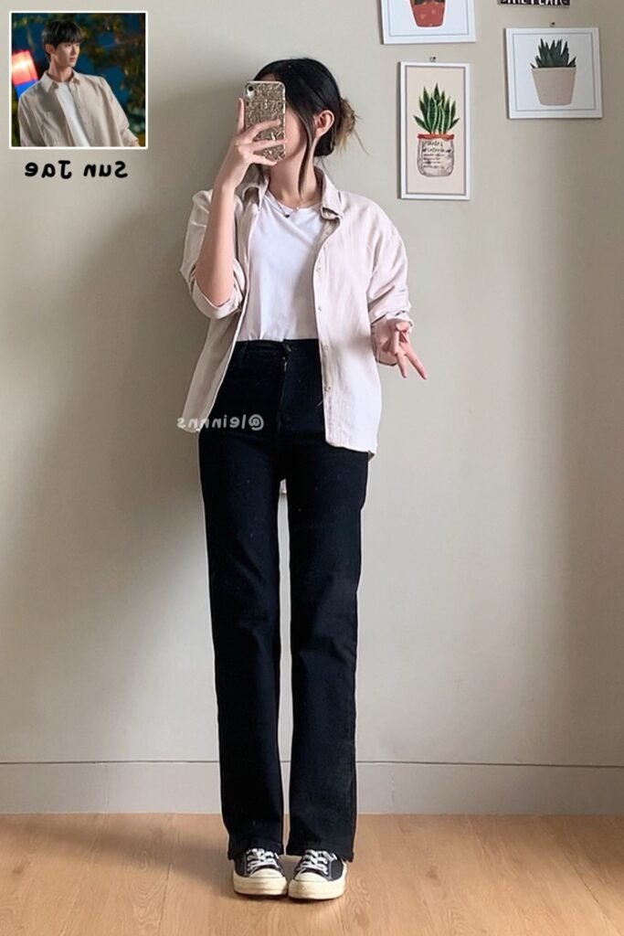 Beige Button Down Shirt + White T Shirt + Black Straight Jeans + Black Sneakers
