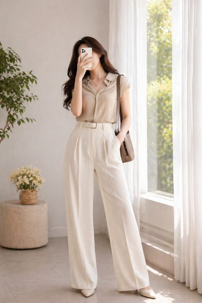 Beige Button Up Shirt + Beige Pleated Trousers + Beige Heels
