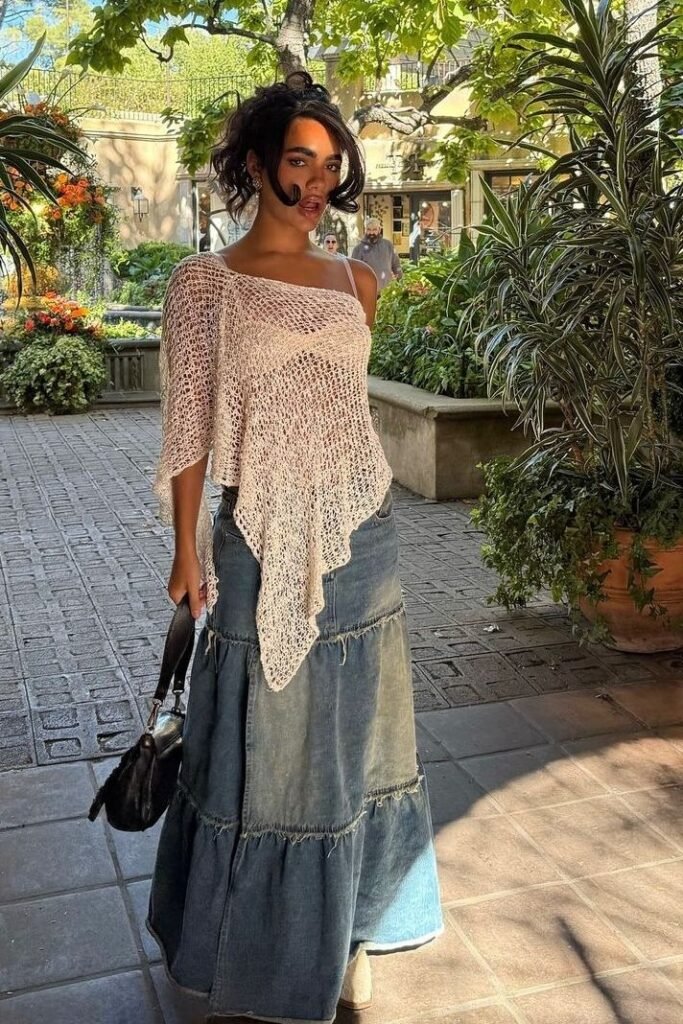 Beige Crochet Poncho + Tiered Denim Maxi Skirt + Ankle Boots