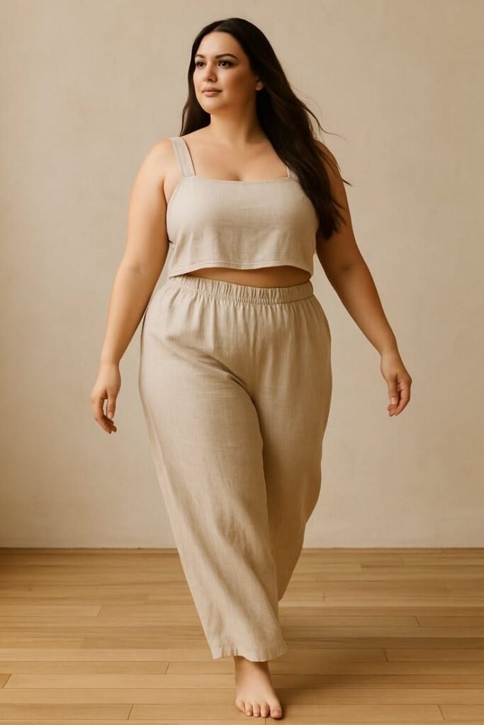 Beige Crop Tank Top + Matching Linen Trousers + Barefoot