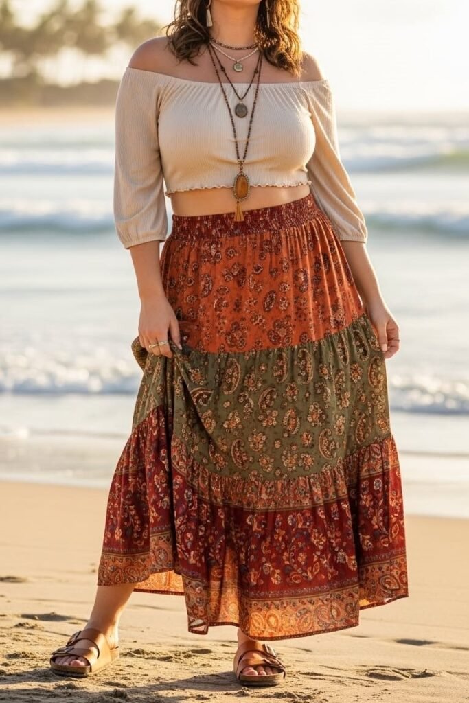 Beige Off Shoulder Crop Top + Multi Colored Tiered Maxi Skirt + Brown Slide Sandals