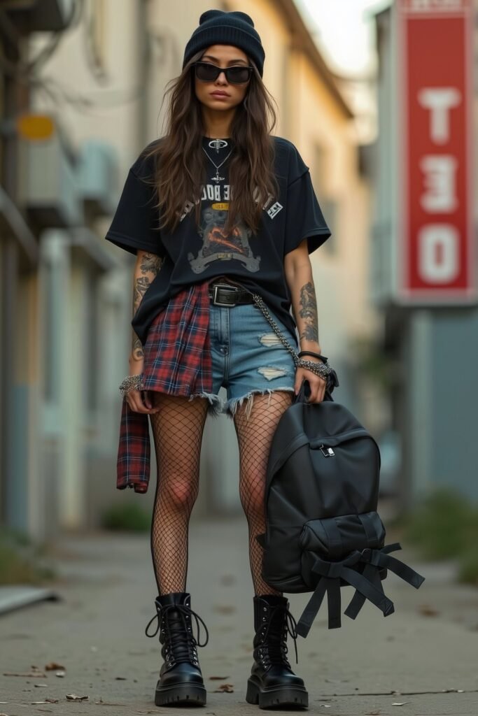 Black Beanie + Graphic T Shirt + Plaid Shirt Layer + Denim Shorts + Fishnet Tights + Black Combat Boots