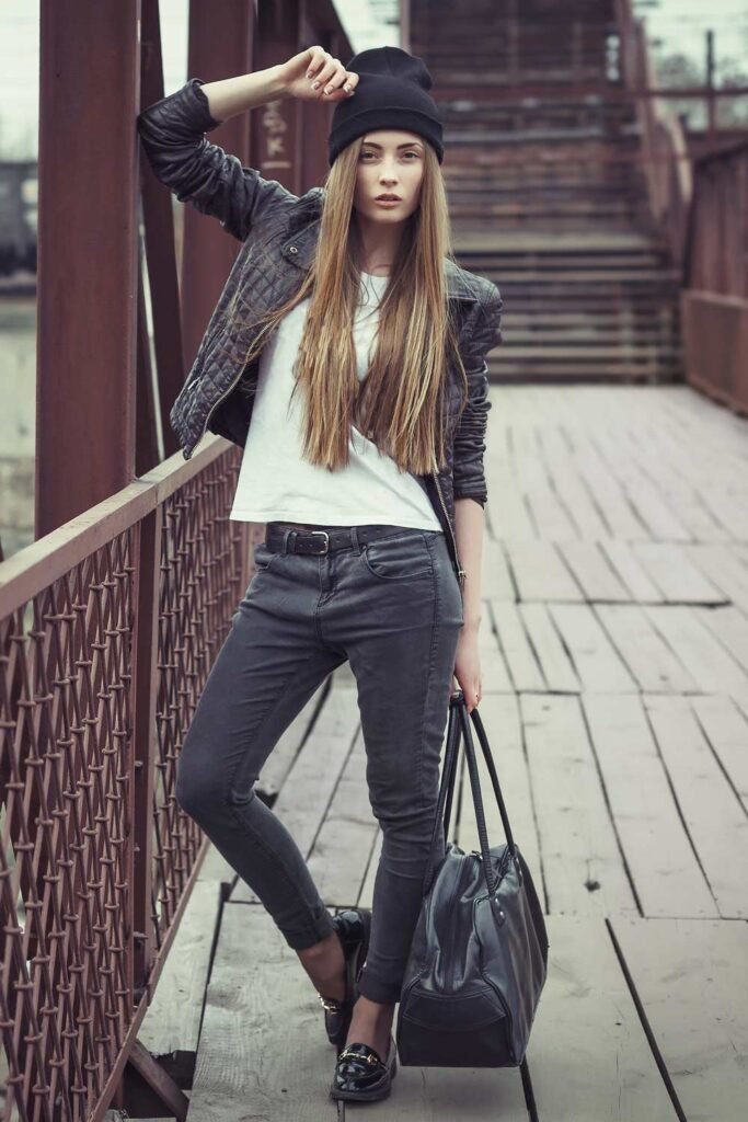Black Beanie + Quilted Leather Jacket + White T Shirt + Grey Skinny Jeans + Loafers