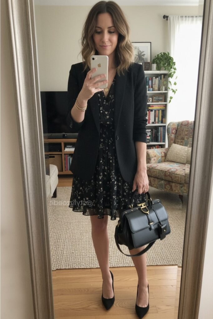 Black Blazer + Black Floral Dress + Black Pumps