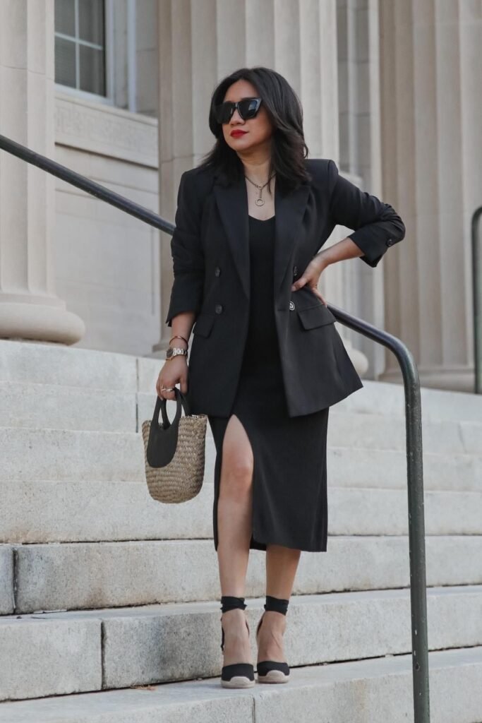 Black Blazer + Black Midi Dress + Black Espadrilles
